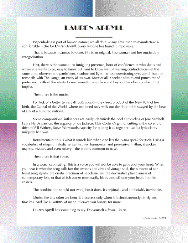 Bio for singer/songwriter Lauren Apryll